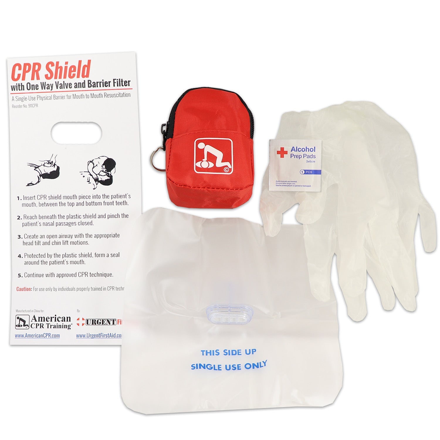 CPR Red Beltloop Keychain Backpack with Faceshield, Gloves, and Cleansing Wipes